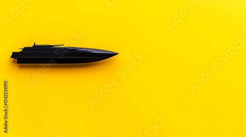 Black speedboat model on yellow, minimalist background