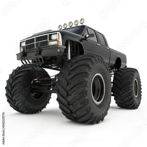 Powerful black monster truck featuring huge off-road tires and elevated suspension, ideal for motorsport events and extreme terrain.