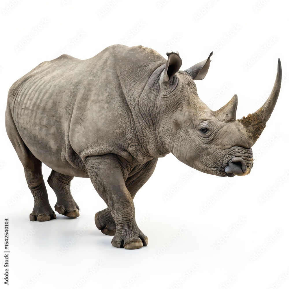 Massive rhinoceros walking forward with thick skin and prominent horn, isolated on white background, symbolizing strength and wildlife conservation. Massive rhinoceros walking forward with thick skin and prominent horn, isolated on white background, symbolizing strength and wildlife conservation.