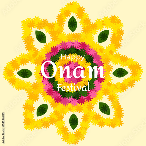 Colorful Pookkalam floral rangoli with Happy Onam Festival greeting. Traditional flower decoration made for Onam celebration in Kerala, India