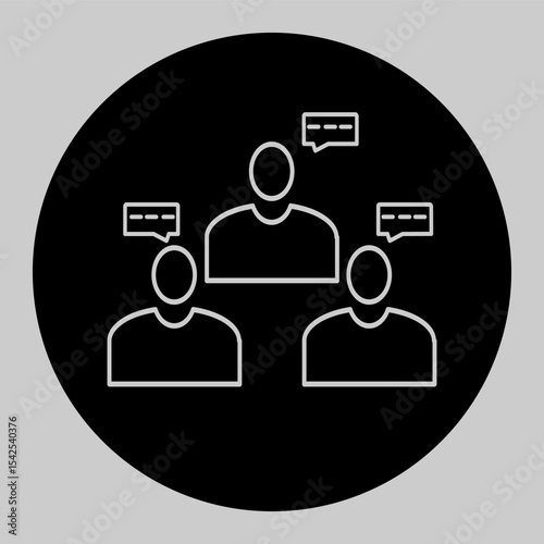 Black icon of discussion with speech bubbles and people.