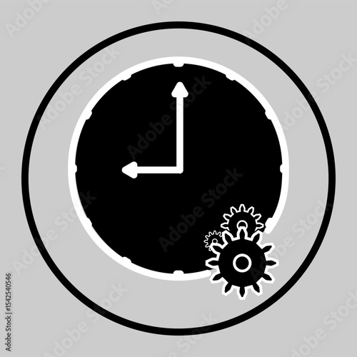 Simple outline clock icon with gear symbol.