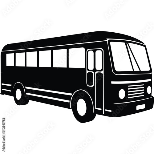 Illustration of a black bus with multiple windows and a door on a white background side view design