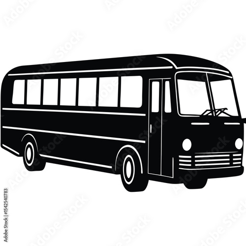 Illustration of a black and white bus with windows and wheels on a white background in vector format