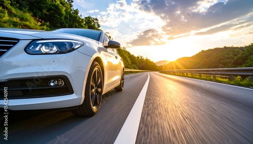 Sleek white car cruises on winding highway as sun sets with dramatic low angle perspective used.