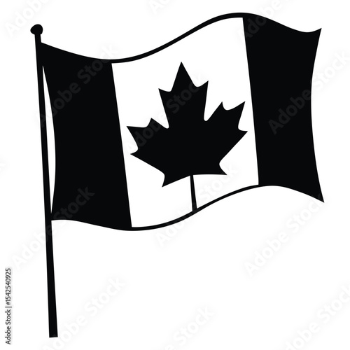 Illustration of a waving canadian flag with a maple leaf in the center in black and white colors