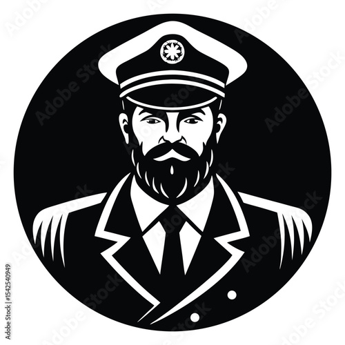 Illustration of a ship captain with a beard and mustache wearing a hat and uniform in black and white
