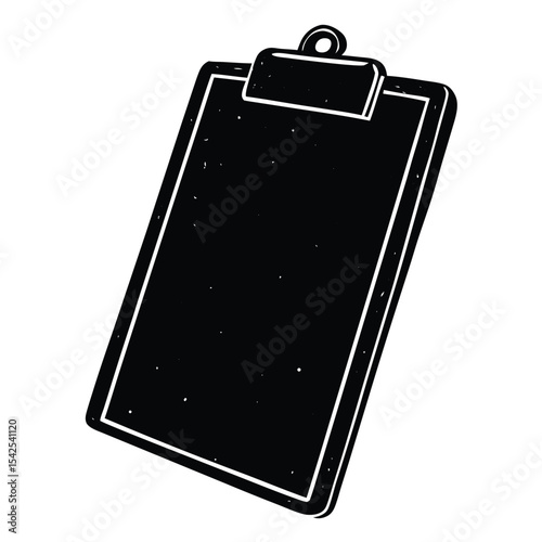 Illustration of a black and white clipboard with a blank surface and a clip at the top edge
