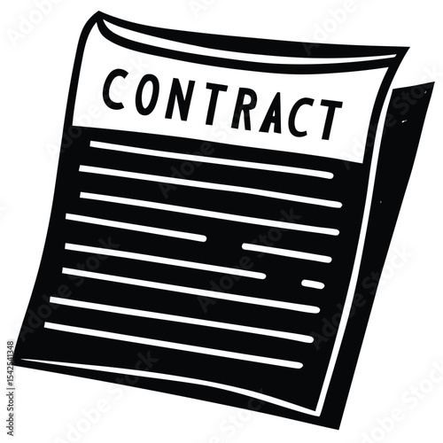 Illustration of a contract document with lines of text and the word contract at the top in black