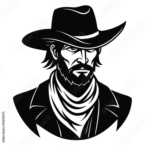 Illustration of a stern cowboy with a beard wearing a hat and bandana in black and white style