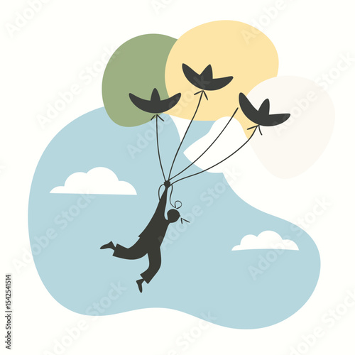 Silhouette of a person floating in the sky holding onto three balloons with a cloudy background design