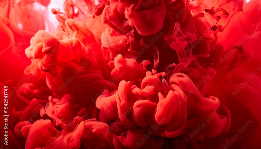 Obraz premium A macro photograph captures vibrant red dye dispersing and mingling in liquid, creating cloud forms.