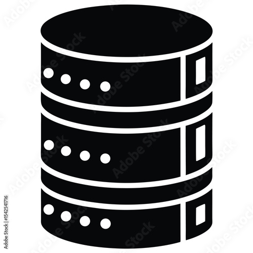 Illustration of a black cylindrical server tower with white details on a white background design element