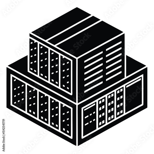 Isometric server stack illustration showing a black server rack with white details and a simple design