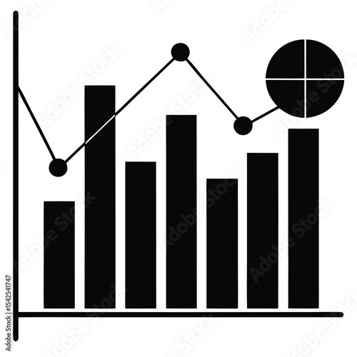 Black and white bar graph with a line graph and pie chart showing data trends and comparisons visually