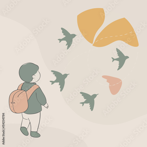 A young child with a backpack watches birds flying around abstract shapes in a whimsical illustration