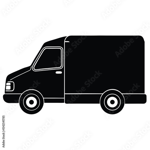 Illustration of a black delivery van with two wheels on a white background in simple vector style