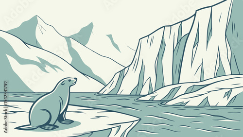Illustration of a seal in arctic landscape with icebergs and mountains for wildlife conservation project