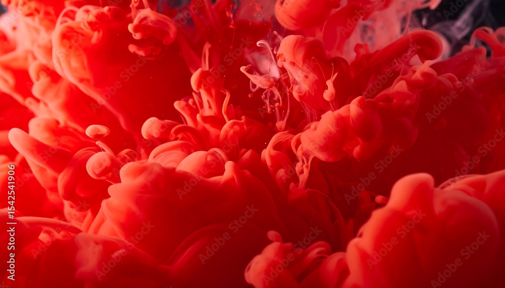 Obraz premium Macro photography captures bright red dye dispersing in water, forming abstract cloud-like shapes.