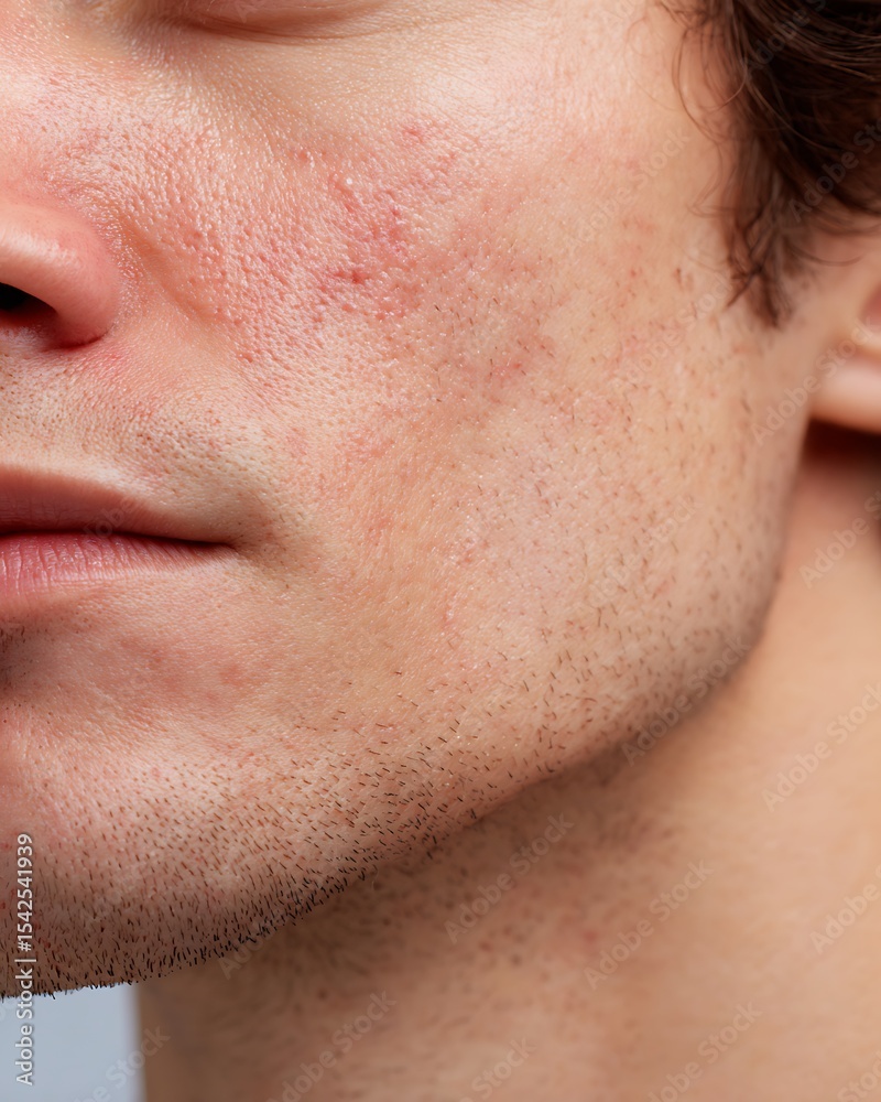 Fototapeta premium close-up male cheek, red irritated skin vs calm smooth surface, skin soothing effect