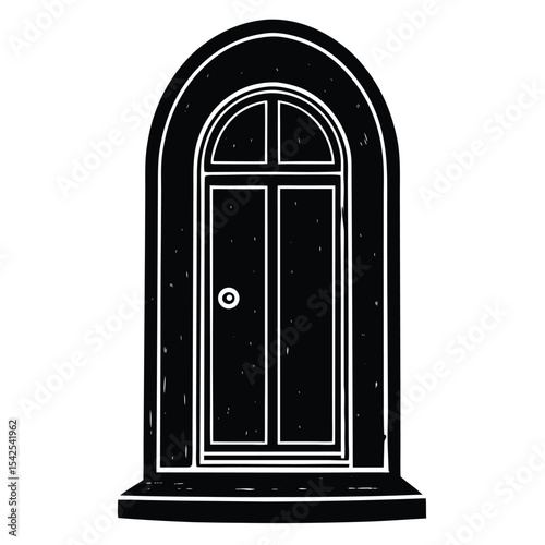 Illustration of an arched doorway with a round doorknob in a black and white color scheme
