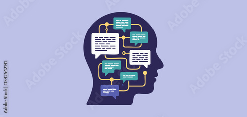 human head silhouette with interconnected speech bubbles, vector illustration for natural language processing, text analysis and ai communication understanding
