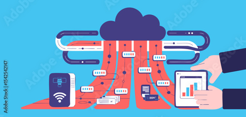 iot devices streaming data to cloud with analyst reviewing on tablet, vector illustration for internet of things data ingestion, cloud computing architecture and smart device connectivity
