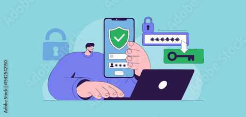 user securing account on smartphone and laptop, vector illustration for multi-factor authentication, identity verification and cybersecurity data protection