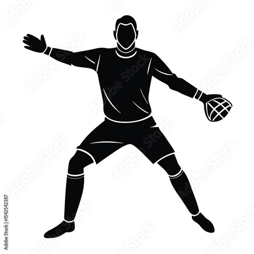 Silhouette of a lacrosse goalie in action with glove and stick ready to block the ball in black