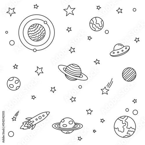 Space Doodle with Planets, Stars, an Aliens and a Rocket Ships out of space cosmic abstract background contur vector illustration with stroke