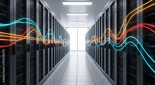A data center corridor flanked by server racks, illuminated by vibrant light trails in blue and orange, leading to a bright exit.