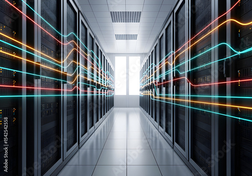 A high-tech data center hallway with servers on either side, illuminated by colorful light trails suggesting data flow and connectivity.