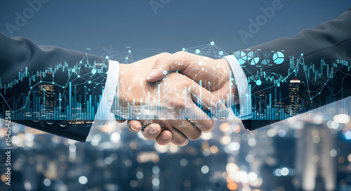 A close-up of a handshake between two business professionals, overlaid with digital graphs and data, symbolizing partnership and growth.