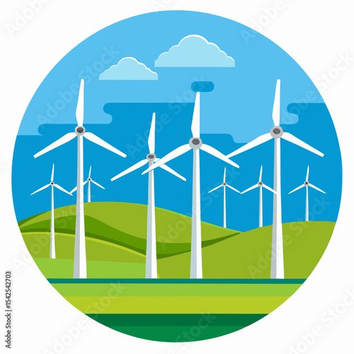 Wind Turbine Farm – Clean Energy Landscape. Flat vector illustration of wind energy farm with turbines generating power in an open green field and clean blue sky.