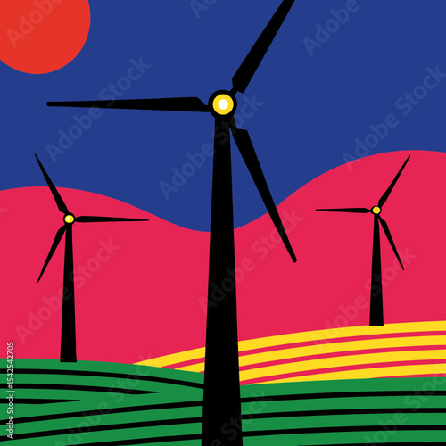 Wind Turbine Farm – Clean Energy Landscape. Flat vector illustration of wind energy farm with turbines generating power in an open green field and clean blue sky.