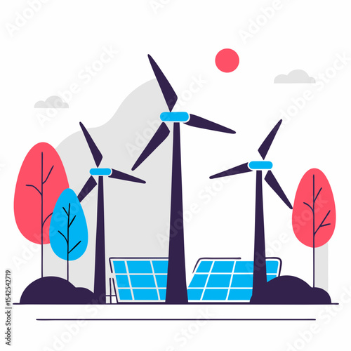 Wind Turbine Farm – Clean Energy Landscape. Flat vector illustration of wind energy farm with turbines generating power in an open green field and clean blue sky.