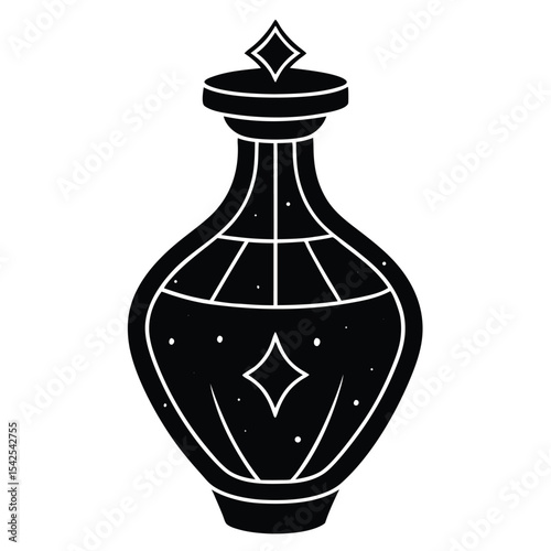 Illustration of a black potion bottle with a diamond shaped stopper and diamond shaped decoration