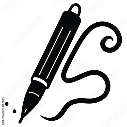 Illustration of a black calligraphy pen with ink trail and two ink drops on a white background art