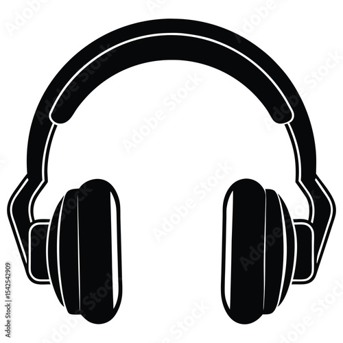 Illustration of a pair of over ear headphones with a thick band and cushioned ear cups in black and white