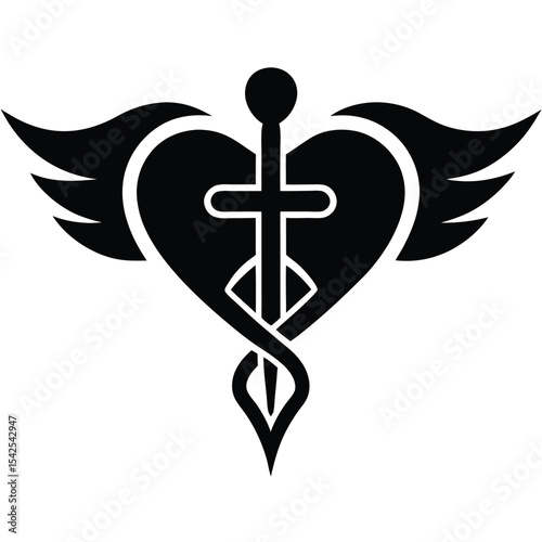 Illustration of a winged heart with a staff and cross in black and white design concept art image