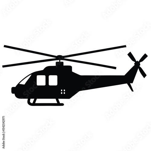 Silhouette illustration of a helicopter with rotor blades and tail propeller in black color isolated