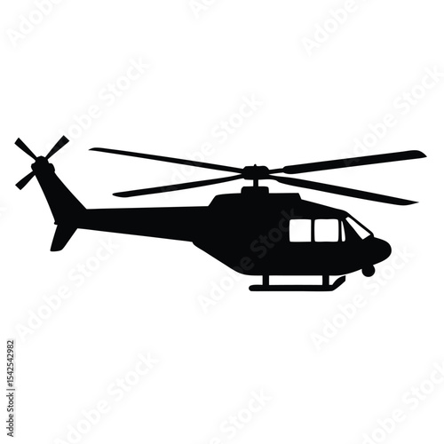 Silhouette depiction of a helicopter with rotating blades and visible cockpit windows in black color scheme