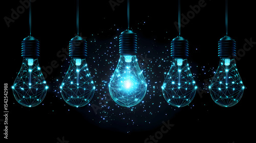 Five hanging light bulbs set against a dark background,efficiency light bulb