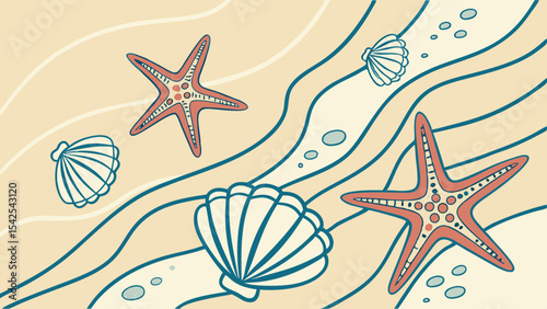 Seashells and starfish on the beach illustration for summer vacation themed designs and backgrounds art