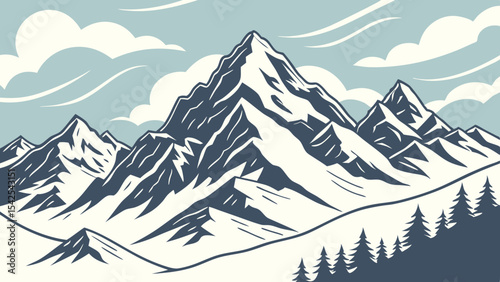 Mountain landscape vector illustration for outdoor adventure and nature scenic background design with peaks and trees