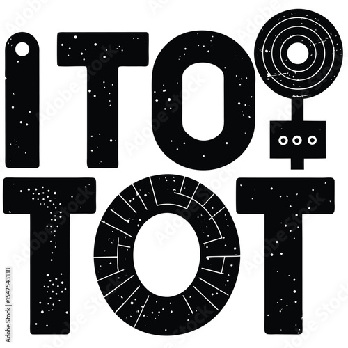 Illustration of the word itotot with a target and three circles in black and white with a grainy texture
