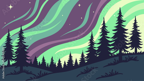 Vector aurora borealis northern lights landscape with pine trees and stars night sky illustration art