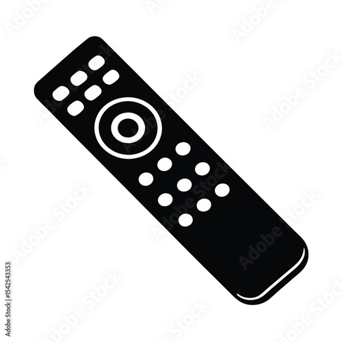 Illustration of a black remote control with multiple buttons and a central circular control pad design