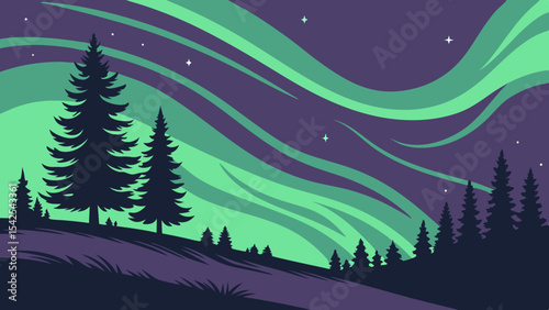 Vector illustration of northern lights aurora borealis with pine trees landscape at night sky scene