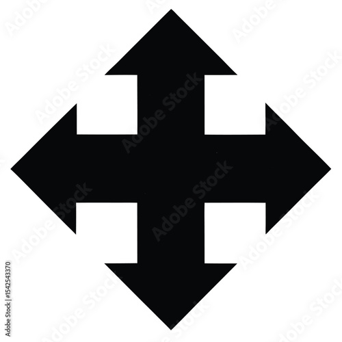 Black cross shape formed by four arrows pointing in different directions on a white background view